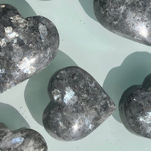 Flashy Blue Pearl Larvikite Heart Palm Stone - Black Labradorite Black Moonstone